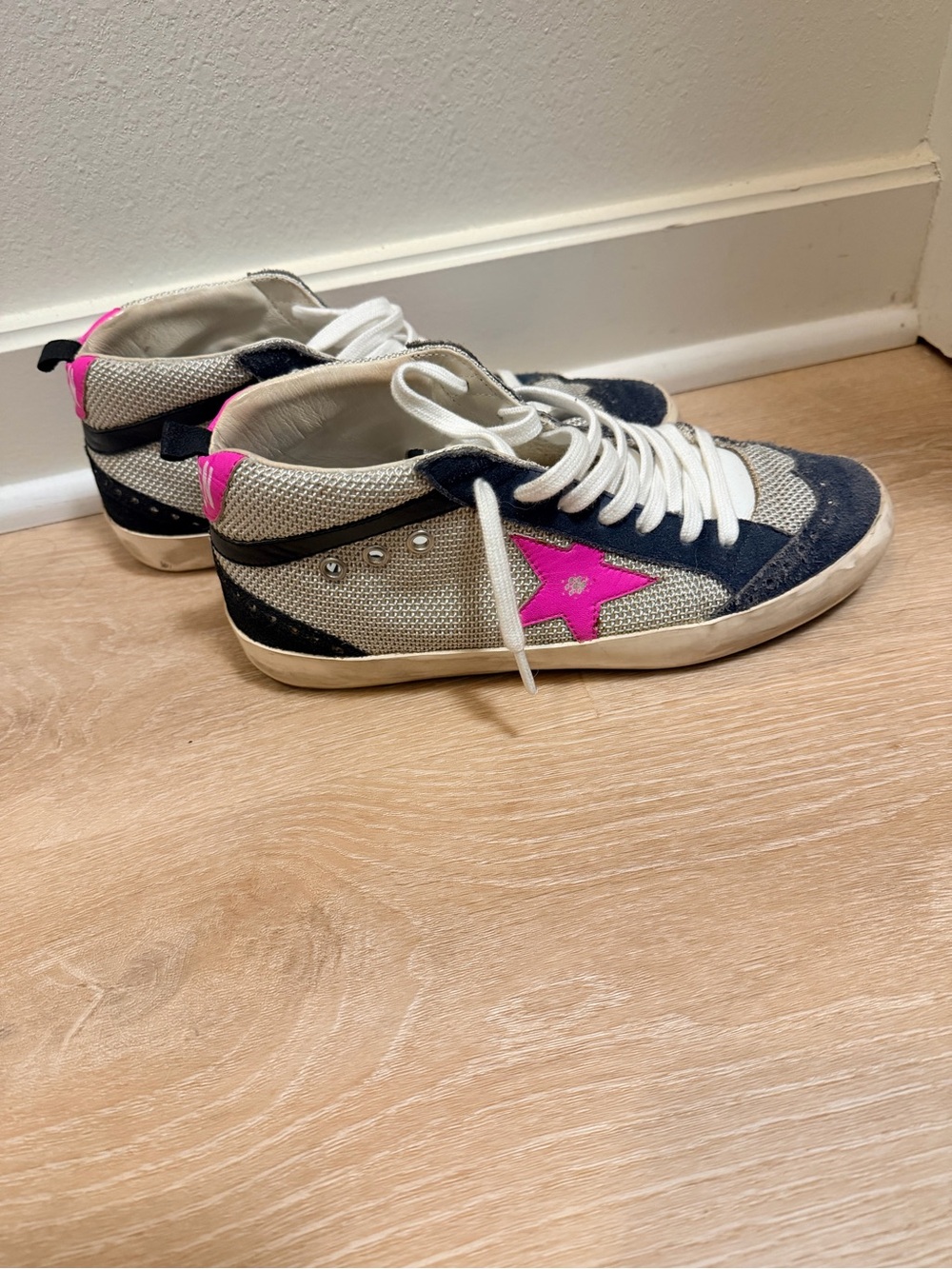 Golden Goose Midstar Sneakers in Cream, Navy & Hot Pink Star